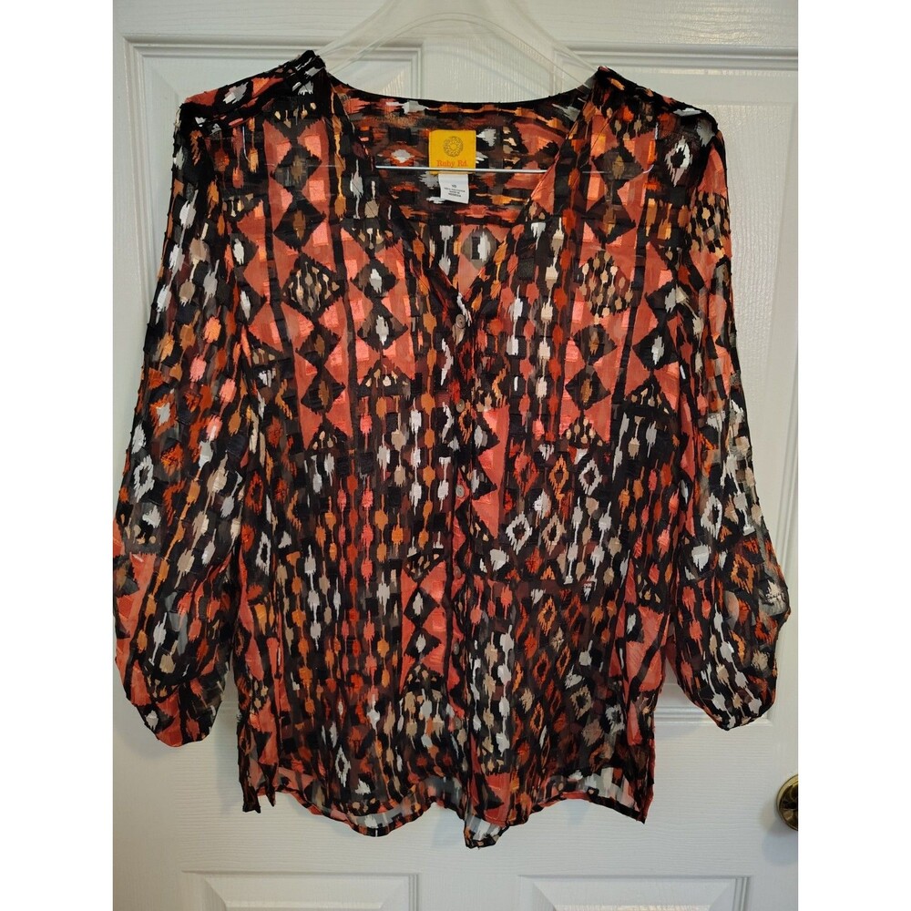 Ruby Rd. Women’s Orange Black White Geometric Sheer Chiffon V-Neck Blouse 10